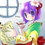  asahina cup flower hair_flower hair_ornament hieda_no_akyuu japanese_clothes lowres purple_eyes purple_hair scroll solo spill surprised teacup touhou 