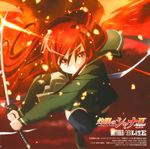  action alastor_(shakugan_no_shana) artist_request attack bangs black_legwear blurry bow brown_footwear copyright_name floating_hair frown hair_between_eyes highres holding holding_sword holding_weapon jewelry loafers long_hair long_sleeves looking_at_viewer miniskirt necklace pendant red_background red_eyes red_hair scan school_uniform serafuku shakugan_no_shana shana shoes skirt sword thighhighs two-handed unsheathed very_long_hair weapon wings 