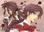  1girl blood blood+ bow brown_hair couple formal haji hetero kisaragi_hirotaka otonashi_saya ponytail short_hair sidelocks suit vampire 