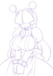  apron breasts collar dress fuyube_rion hair_over_eyes huge_breasts long_hair maid maid_headdress monochrome purple robot_ears solo taut_clothes taut_dress tesse waku_waku_7 