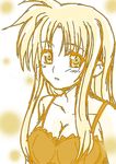  breasts cleavage fate_testarossa long_hair lyrical_nanoha mahou_shoujo_lyrical_nanoha_strikers medium_breasts monochrome solo yellow yuki_mashiro 