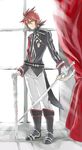  artist_request belt boots formal gloves green_eyes holding holding_sword holding_weapon knee_boots left-handed luke_fon_fabre male_focus red_hair solo sword tales_of_(series) tales_of_the_abyss uniform weapon 