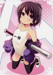  :&lt; a_channel absurdres arched_back bare_shoulders baseball_bat black_hair black_legwear haga_yui halftone highres ichii_tooru jacket kneeling off_shoulder one-piece_swimsuit parted_lips purple_eyes scan school_swimsuit shoes short_hair sleeves_past_wrists solo swimsuit thighhighs uwabaki white_school_swimsuit white_swimsuit 