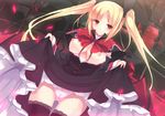  black_legwear blazblue blonde_hair blush bow breasts breasts_outside cameltoe daiaru dress dress_lift dutch_angle gii large_breasts long_hair looking_at_viewer nail_polish nipples no_bra open_clothes panties petals pink_panties rachel_alucard red_bow red_eyes solo thighhighs twintails underwear 