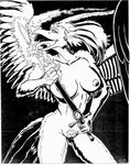  avian breasts cave feathered_wings feathers female fire greyscale licking monochrome nipples oscar_marcus phoenix plume pussy solo spread_wings sword tongue weapon wings 