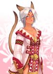  animal_ears blue_eyes breasts cat_ears cat_tail cleavage collarbone facial_mark final_fantasy final_fantasy_xi gloves lips looking_at_viewer medium_breasts mithra short_hair silver_hair simple_background solo tail takatsuki_kahiro tan white_background white_mage 