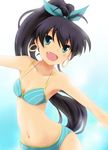  :d aqua_eyes bikini black_hair earrings fang ganaha_hibiki high_ponytail hoop_earrings idolmaster idolmaster_(classic) jewelry long_hair makkuroh_(pixiv) navel open_mouth ponytail smile solo swimsuit 