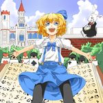  :d album_cover alice_in_wonderland alice_margatroid alice_margatroid_(pc-98) bad_id bad_pixiv_id black_legwear blonde_hair blue_eyes blush book bow bunny card cover hair_bow hair_ribbon hairband highres kamo_(yokaze) lance open_mouth outstretched_arms pantyhose parody pocket_watch polearm ribbon short_hair skirt smile suspenders teeth touhou touhou_(pc-98) watch weapon white_rabbit 