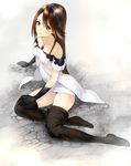  agnes_oblige bare_shoulders blush boots bravely_default:_flying_fairy bravely_default_(series) brown_eyes brown_hair gloves hairband jewelry long_hair looking_at_viewer makimura_shunsuke necklace sitting solo thigh_boots thighhighs yokozuwari zettai_ryouiki 
