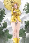  blue_eyes blush boots from_below hair_ornament hairclip kiriririn kousaka_kirino labia long_hair naked_coat naked_raincoat no_panties orange_hair ore_no_imouto_ga_konna_ni_kawaii_wake_ga_nai rain raincoat rubber_boots solo umbrella 