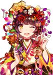  1girl ;d animal ball bangs bell blunt_bangs boar brown_hair commentary_request crown dice dice_hair_ornament ema food_themed_hair_ornament gold hagoita hair_ornament hair_ribbon hair_stick hanetsuki happy_new_year highres japanese_clothes jingle_bell kimono koban_(gold) long_sleeves looking_at_viewer multicolored multicolored_nails nail_polish neck_ribbon new_year obi one_eye_closed open_mouth original outline paddle print_kimono red_ribbon revision ribbon rope round_teeth sash shimenawa short_hair simple_background smile solo spinning_top tareme tassel teeth temari_ball upper_body upper_teeth user_fvsd2278 white_background white_outline wide_sleeves yellow_eyes yellow_kimono 