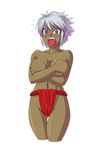  1girl blue_eyes blush breasts cleo_brand covering covering_breasts dark_skin embarrassed female freezing_(series) fundoshi highres navel open_mouth short_hair silver_hair solo topless 