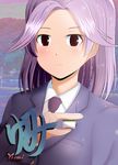  blazer blush brown_eyes jacket kajiki_yumi mahjong mahjong_tile nonohachi purple_hair saki smile solo 