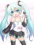  39 :d blush camisole detached_sleeves green_eyes green_hair hatsune_miku holding holding_microphone long_hair lying microphone nekono_rin on_back open_mouth pinky_out ribbon skirt smile solo thighhighs twintails very_long_hair vocaloid younger 