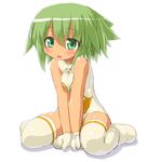  :d bad_id bad_pixiv_id bare_shoulders between_legs blush busou_shinki dd_(ijigendd) doll_joints gloves green_eyes green_hair looking_at_viewer maochao open_mouth short_hair simple_background sitting smile solo thighhighs v_arms wariza white_background white_legwear 