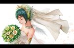  aqua_hair bouquet closed_eyes dress elbow_gloves flower gloves hatsune_miku holding letterboxed lvans short_hair smile solo veil vocaloid wedding_dress 