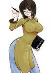  breasts brown_eyes brown_hair covered_nipples death_note death_note_(object) glasses kazaana large_breasts nipples no_bra original pen side_slit smile solo standing vietnam vietnamese_dress 