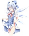 &gt;:) blue_eyes blue_hair blue_skirt bow cirno dress dress_lift hair_bow looking_at_viewer puffy_sleeves shirt short_hair short_sleeves skirt smile solo touhou transparent_background v-shaped_eyebrows wings yuki_(sangeki5806) 