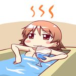  bathtub blush_stickers breasts brown_eyes brown_hair cleavage cup drinking_glass female_pervert medium_breasts moja_(gibson) nagatsuki_sanae nude pervert shinryaku!_ikamusume wine_glass 