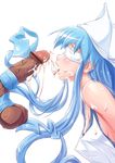  bar_censor blindfold blue_hair breasts caressing_testicles censored cleavage closed_eyes covered_nipples cum cum_in_mouth cum_on_body cum_on_tongue cum_on_upper_body facial hairjob handjob hat hetero ikamusume jeibii long_hair medium_breasts open_mouth penis shinryaku!_ikamusume simple_background solo_focus squeezing_testicles testicles tongue upper_body veins veiny_penis very_long_hair white_background 