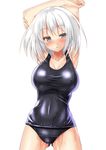  :o alexmaster armpits arms_up black_swimsuit blue_eyes blush breasts grey_eyes highres large_breasts long_hair one-piece_swimsuit original school_swimsuit shiny shiny_clothes short_hair silver_hair simple_background solo swimsuit wet white_background white_hair 
