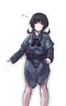  belt binoculars black_hair fangdan_runiu long_sleeves looking_at_viewer military military_uniform no_pants original pouch red_eyes short_hair simple_background smile soldier solo twintails uniform white_background 