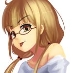  :p bespectacled brown_eyes brown_hair futaba_anzu glasses idolmaster idolmaster_cinderella_girls long_hair looking_at_viewer majicjiang off_shoulder one_eye_closed portrait red-framed_eyewear smile solo tongue tongue_out twintails 
