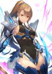  1girl :&gt; armor beatrix_(granblue_fantasy) breasts brown_hair covered_navel covered_nipples crotch_plate erect_nipples eyebrow_visible_through_hair glowing granblue_fantasy green_eyes groin hair_between_eyes hair_ornament highres kakage large_breasts leotard long_hair looking_at_viewer ponytail shoulder_armor sideboob sidelocks smile solo thighhighs white_background 