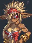  big_breasts bracelet breasts clothed clothing ear_piercing female hair headband jewelry long_hair midriff muscles muscular_female piercing plain_background puddin red_eyes skimpy solo thefuckingdevil 