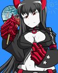  1girl artist_request black_gold_saw black_hair black_rock_shooter breasts claws cleavage coat crab_club fan frown horns kani_club midriff navel pale_skin red_eyes undressing 