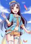  1girl bangs belt blue_belt blue_hair blue_sky blush brown_eyes chains cloud collar collarbone dan_(orange_train) eyebrows_visible_through_hair feathers gloves hat idolmaster idolmaster_(classic) jewelry kisaragi_chihaya legs_together long_hair looking_at_viewer midriff navel open_mouth orange_shorts parted_bangs ring shiny shiny_skin short_shorts shorts single_glove single_thighhigh sky smile star thigh_strap thighhighs thighs white_collar white_gloves white_legwear wings 