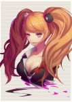  1girl absurdres alternate_eye_color bangs bear_hair_ornament black_bra black_shirt blonde_hair blood bra breasts cleavage collarbone commentary_request danganronpa enoshima_junko eyebrows_visible_through_hair gy_(l964625780) hair_ornament highres large_breasts long_hair looking_at_viewer necktie no_arms out_of_frame pink_blood pink_eyes red_ribbon ribbon school_uniform shirt sleeves_rolled_up smile solo striped striped_background twintails underwear 