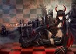  armor black_gold_saw black_legwear black_rock_shooter boots bsl character_name checkered claws gradient_hair greaves highres horns king_saw multicolored_hair red_eyes shorts solo thighhighs 