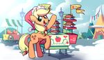  applejack_(mlp) blonde_hair christmas cloud clouds cutie_mark equine female feral friendship_is_magic fruit fur green_eyes hair hat holidays horse karzahnii lantern looking_at_viewer mammal my_little_pony open_mouth orange_fur outside pie pony sky snow solo tent wood xmas 