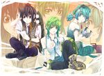  alternate_hairstyle arm_support bag black_hair boots commentary cross-laced_footwear detached_sleeves dress_shirt eyebrows frog genderswap genderswap_(ftm) goggles goggles_on_head green_eyes green_hair hat ichikawa_ryuunosuke indian_style kawashiro_nitori kochiya_sanae long_hair looking_at_viewer male_focus mouth_hold multiple_boys necktie off_shoulder pants pants_under_skirt ponytail red_eyes screwdriver shameimaru_aya shirt short_hair shoulder_bag sitting skirt smile strap_slip tokin_hat toolbox touhou vest wings zoom_layer 