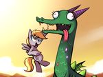  blonde_hair cloud clouds crackle_(mlp) cutie_mark derpy_hooves_(mlp) dragon duo equine female feral friendship_is_magic fur green_scales grey_fur hair horn horse karzahnii mammal my_little_pony open_mouth outside pegasus pony red_eyes sky tongue tongue_out wings 
