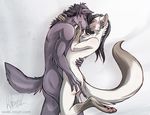  anthro blush canine cat duo ear_piercing feline female fur gay grey_fur hug male mammal nude piercing rotarr rotarr_(character) straight unknown_species white_fur wolf 