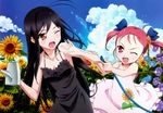  accel_world artist_request bare_shoulders black_hair detexted dress flower hair_flower hair_ornament hair_ribbon highres kouzuki_yuniko kuroyukihime long_hair multiple_girls official_art one_eye_closed open_mouth red_eyes red_hair ribbon scan sundress sunflower third-party_edit twintails 