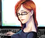  1girl barbara_gordon batman_(series) blue_eyes computer computer_screen dc_comics female glasses keyboard looking_at_viewer nail_polish oracle over_shoulder red_hair sitting solo wheelchair 