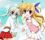  asteion blonde_hair blue_eyes blush copyright_name einhart_stratos flipper green_eyes green_hair hair_ribbon heterochromia long_hair long_sleeves lyrical_nanoha mahou_shoujo_lyrical_nanoha_vivid multiple_girls open_mouth purple_eyes red_eyes ribbon sacred_heart skirt star thighhighs twintails two_side_up vivio 