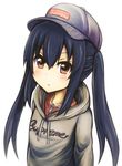  baseball_cap black_hair blush brown_eyes chain clothes_writing collarbone hat hood hoodie k-on! long_hair md5_mismatch nakano_azusa simple_background solo tom_(drpow) twintails white_background 