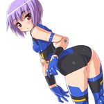  ass bad_id bad_pixiv_id bare_shoulders blush busou_shinki dd_(ijigendd) doll_joints espadia gloves looking_at_viewer looking_back purple_hair red_eyes short_hair simple_background solo thighhighs white_background 