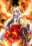  1girl blush female fire fujiwara_no_mokou hair_ribbon hair_ribbons jean-louis_(yuasa_rengou) pants ribbon touhou 