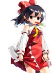  alternate_costume bell black_hair blush bow detached_sleeves food fruit hair_bow hair_tubes hakurei_reimu kannazuki_hato red_eyes sarashi simple_background skirt skirt_lift solo stick touhou watermelon 