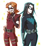  2boys arsenal_(dc) belt black_hair bodysuit dc_comics dick_grayson domino_mask facial_hair fingerless_gloves gloves goatee hand_on_hip ladama long_hair male male_focus mask multiple_boys nightwing orange_hair roy_harper smile sunglasses thigh_strap 