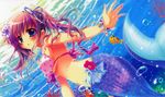  bikini bikini_top blue_eyes bracelet bubble clownfish copyright_request coral flower hair_flower hair_ornament highres izumi_tsubasu jewelry mermaid monster_girl multicolored_hair pink_hair polka_dot polka_dot_bikini polka_dot_swimsuit purple_hair swimsuit underwater 