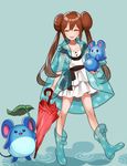  9_(saki-ooo-kiyu) azurill boots brown_hair closed_eyes closed_umbrella double_bun gen_2_pokemon gen_3_pokemon leaf long_hair marill mei_(pokemon) pokemon pokemon_(creature) pokemon_(game) pokemon_bw2 raincoat rubber_boots skirt transparent twintails umbrella 