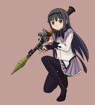  akemi_homura argyle argyle_legwear black_hair hairband lance_blue long_hair magical_girl mahou_shoujo_madoka_magica pantyhose purple_eyes rocket_launcher rpg rpg-7 simple_background skirt solo trigger_discipline weapon 