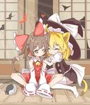  :3 animal_ears bell blonde_hair bow brown_eyes brown_hair cat_ears cat_tail closed_eyes detached_sleeves door hair_bow hair_tubes hakurei_reimu hat hat_ribbon head_rub heart kemonomimi_mode kirisame_marisa kururunpa long_sleeves multiple_girls one_eye_closed puffy_sleeves ribbon shirt short_sleeves sitting skirt skirt_set tail thighhighs torn touhou veranda white_legwear wide_sleeves witch_hat wool yin_yang zettai_ryouiki 