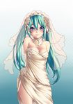  absurdres aqua_eyes aqua_hair arms_behind_back bad_id bad_pixiv_id bare_shoulders blue_eyes blush breasts cleavage detached_collar dress elbow_gloves flower gloves hair_flower hair_ornament hatsune_miku highres long_hair looking_at_viewer medium_breasts smile solo twintails veil very_long_hair vocaloid wedding_dress yin-ting_tian 